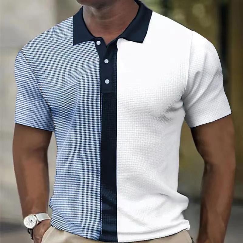 Men s Color Block Waffle Knit Polo Shirt Contrast Collar Short Sleeve Casual Top S синий