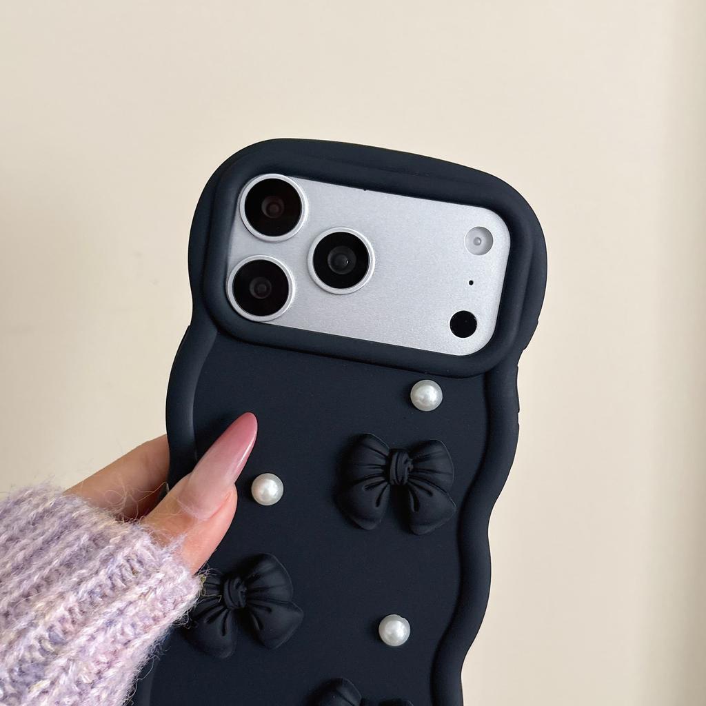3D Bowknot Pearl Silicone Phone Case For iPhone 17 Air 16 15 14 13 12 11 Pro X XS XR Max 7 8 Plus With Lanyard Soft Cover
