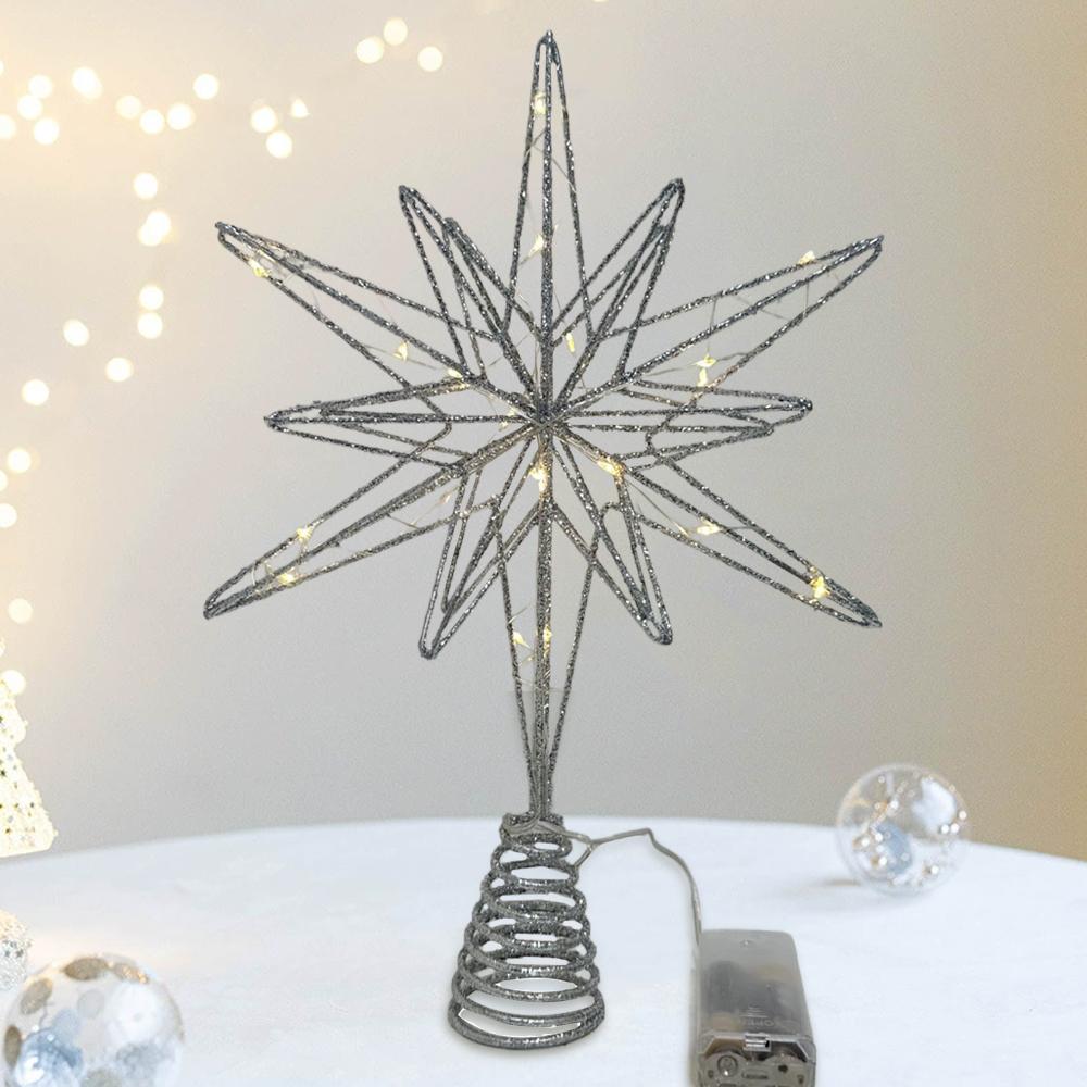 20-Lights Christmas Star Tree Topper Multi-Pointed Pre-lit Glittered Snowflake Treetop Lighted Xmas Treetop for Home Decorations