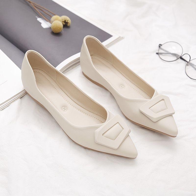 Pointed Thick-heeled Single Shoes Temperament New Spring and Autumn Versatile Flat-soled Ladyshoes Soft-soled Black Flat-heeled Work Shoes
