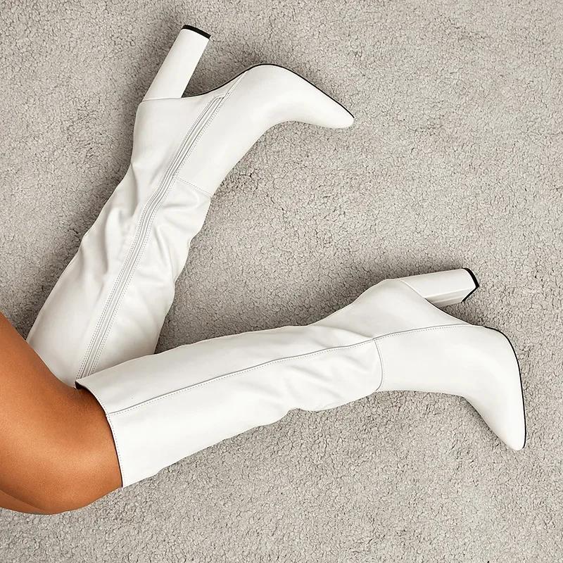 Fashionable Mid Length Boots with Side Zipper Pointed Knight Boots European and American High Cut Thick Heeled Women's Boots