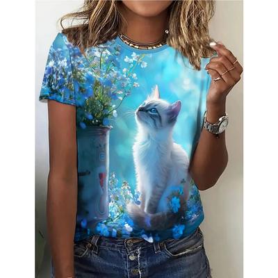 Kadın Kısa Kollu 3D Baskılı Üst Tatil Hafta Sonu Temel Yuvarlak Yaka Tişört Yaz