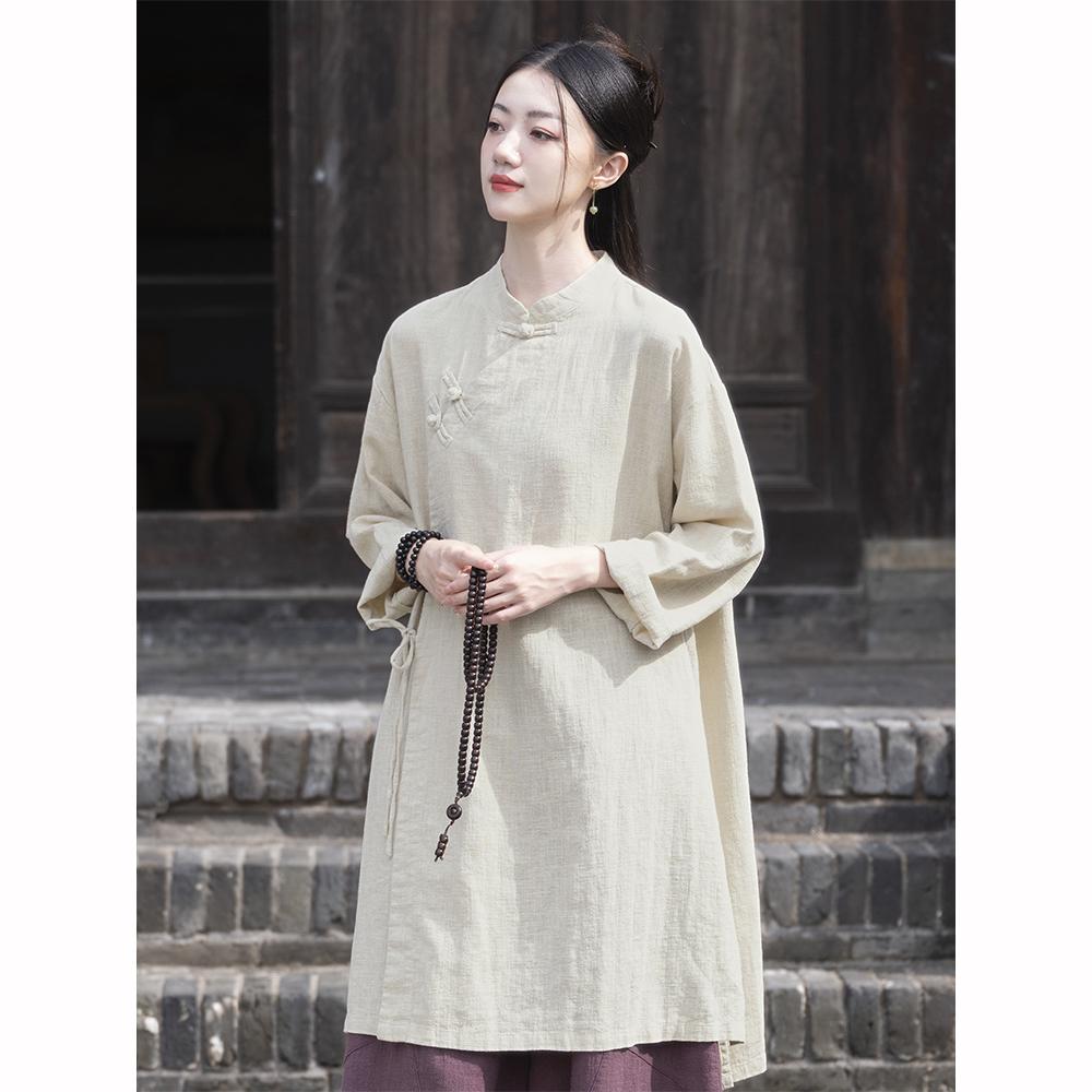 Spring Summer Cotton Linen Women's Clothing Washing Plate Buckle, Side Placket Tied  Retro Chinese Style Children's Style Zen Tea Costume