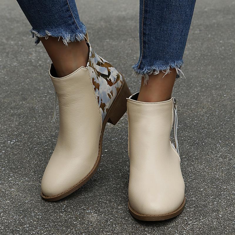 Übergröße Leo-Print & Nude Spitz zulaufende Stiefeletten mit Seitenreißverschluss - Damen Lederstiefel für Herbst/Winter 2021