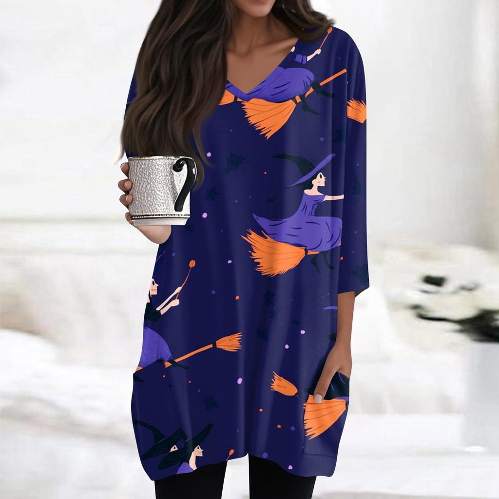 Womens Tops V-neck 3/4 Sleeve Blouses Casual Mid-length Shirts Fashion Halloween Print Tunic Tops With Pockets