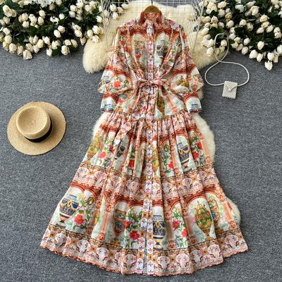 Vestido Vintage Elegante Feminino Lanterna Manga Longa Gola Alta Renda Estampa Plissado Férias Streetwear Moda Vestido