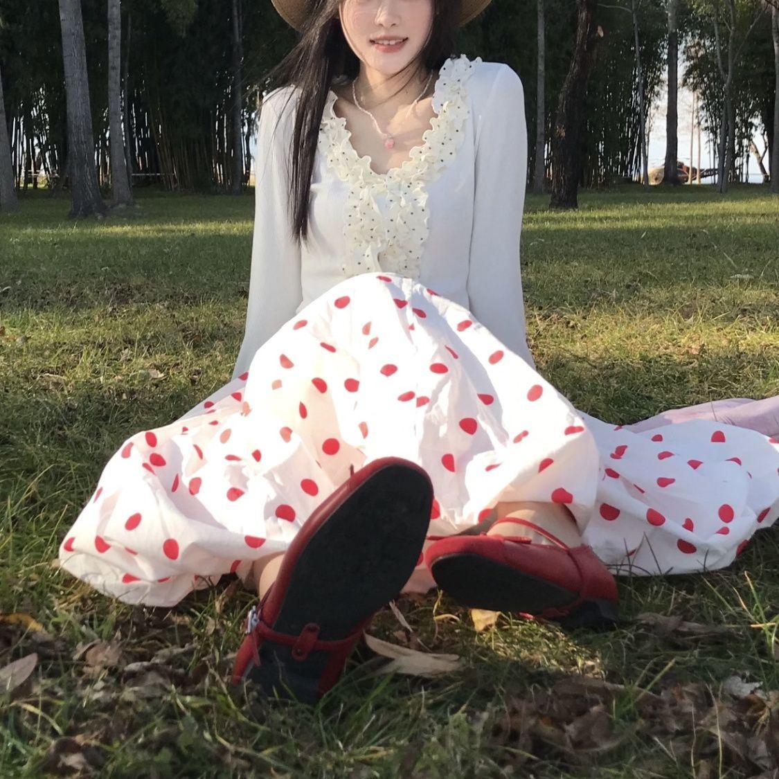 

Японский стиль Милая юбка-пузырь в горошек - Красный горошек А-силуэт Миди-юбка для женщин Весна/Лето XL