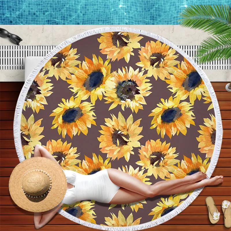 Serviette de plage Marguerites Pompons Ronde Séchage Rapide Extérieur Été Couverture de Mer Tournesol Plante Kawaii Tapis de Plage Tapis de Yoga Pique-nique