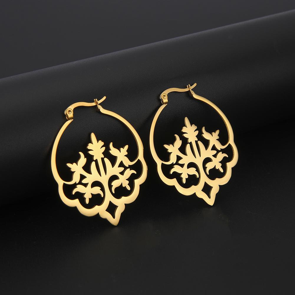 Vintage Flower Tree Hoop Earrings for Women Stainless Steel Gold Round Circle Boho Earring Female Jewelry Gift