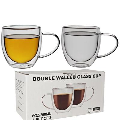Nishida Double Layer Heat Resistant Glass Mug Set of 2 Double Wall Glass with Handle Cute 2 Layer Structure Heat Resistant Warm Cold Insulation