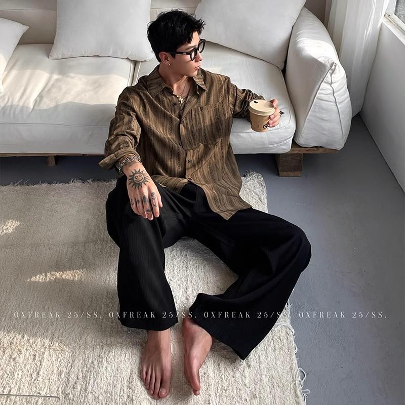 Men Striped Textured Long Sleeve Shirt Casual Loose Fit Breathable Spring Autumn Daily Shirt
