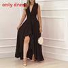Summer High Waist Black V Neck Long Dress With Slit For Elegant Date Night