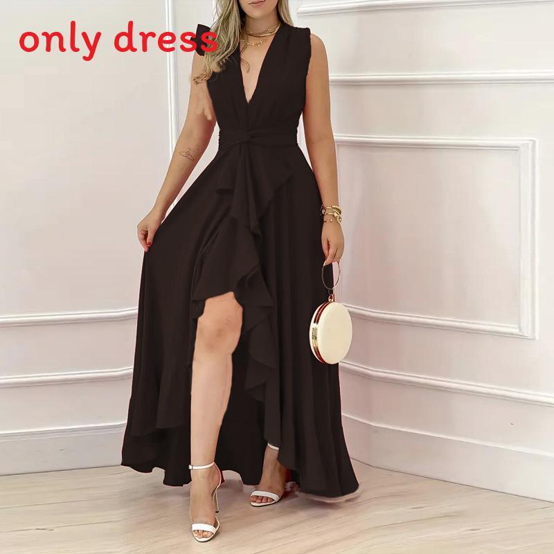 Summer High Waist Black V Neck Long Dress With Slit For Elegant Date Night