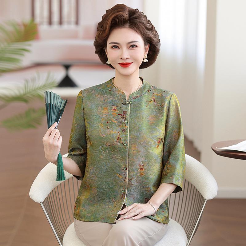 Women's Mid-Aged & Elderly 7-Sleeve Frog Button Shirt - New Chinese Style Spring/Summer Cardigan with Printed Top