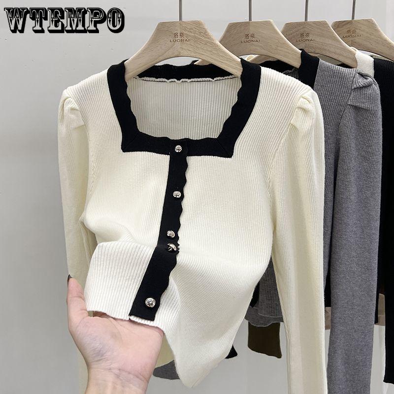 Women spring autumn vintage Long Sleeve Jumper Spliced Square Neck Soft Comfortable Slim Button Decoration Front Knit Sweater
