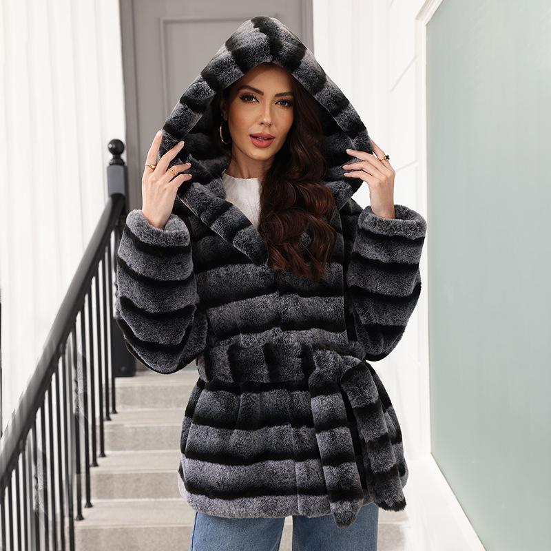 Giacca con Cappuccio e Cintura in Pelliccia da Donna Invernale Versatile Abbigliamento da Donna, Pelliccia