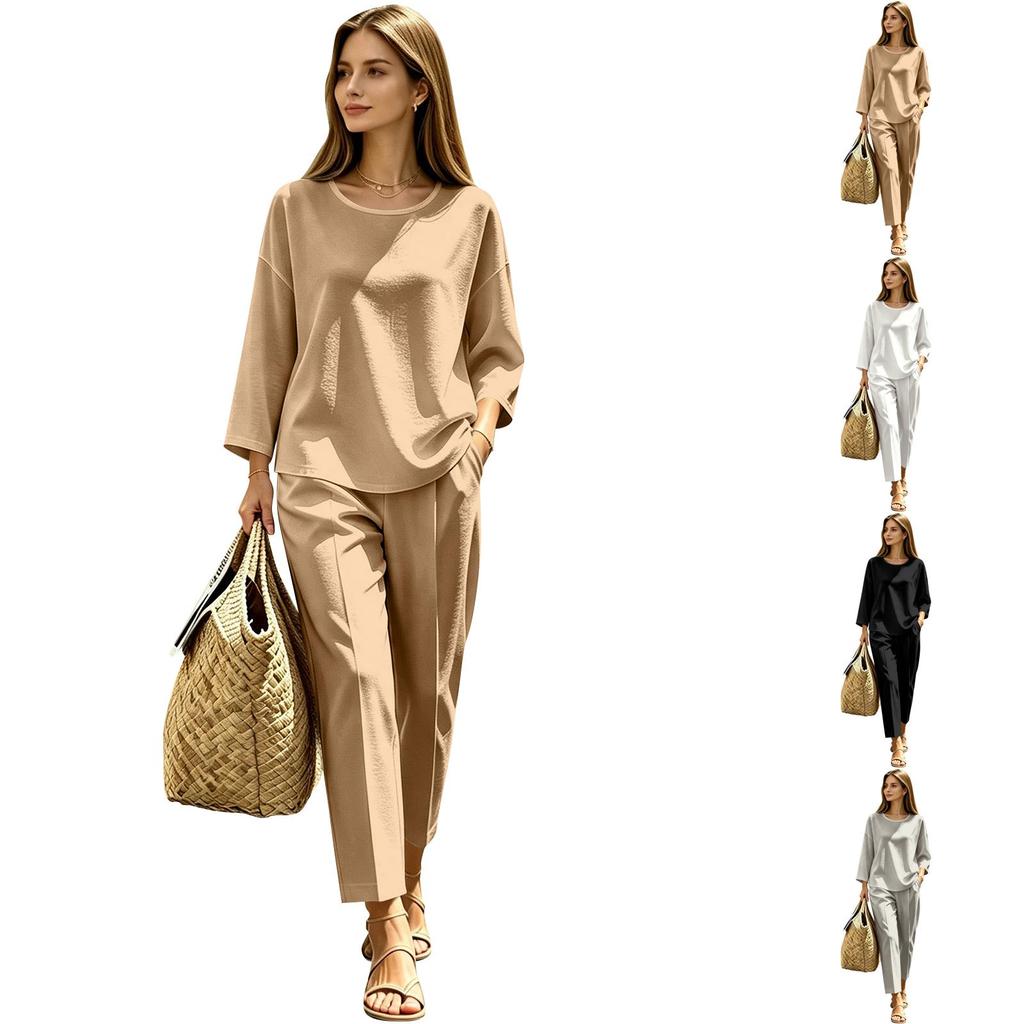 Women's solid-color urban fashion casual long-sleeved mid-length pants set