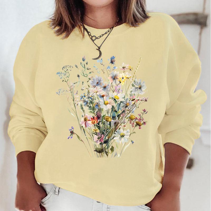New Flower Hoodies Women Floral Oil Painting Y2K Sudaderas Long Sleeve Round Neck Vintage Boho Wild Flower Woman Sweatshirts