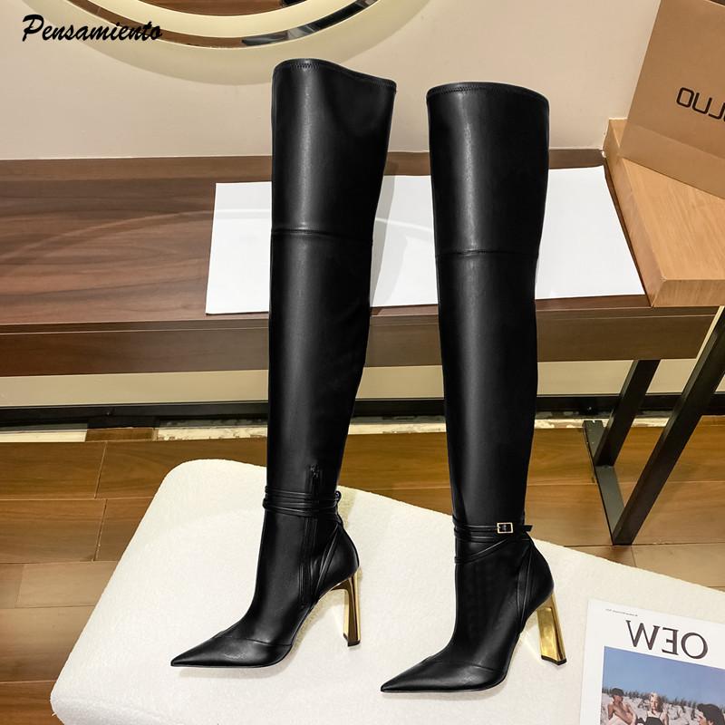 Autumn Winter Soft Leather Stretch Women Thigh High Boots Elegant Pointed Toe High Heels Over the Knee Boots Party Shoes