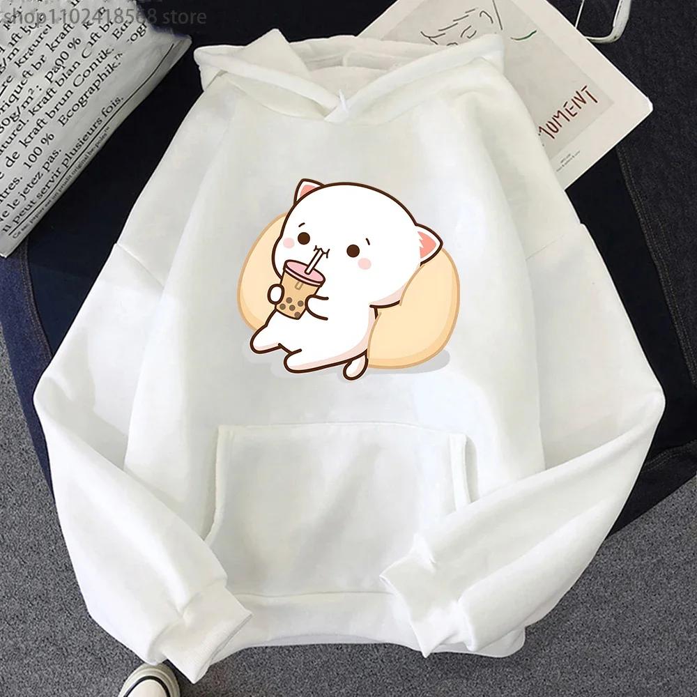 Mikiny Bubble Tea Broskvová Kočka Kawaii Potisk Mikina Ženy Harajuku Streetwear Kreslený Vzor O-Výstřih Top Oblečení