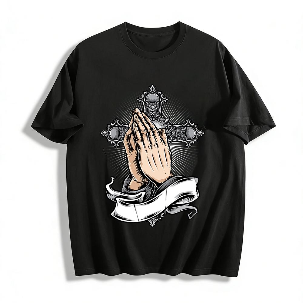 

Vintage Praying Hands Cross Print Casual T-Shirt Pure cotton T-shirt XXS