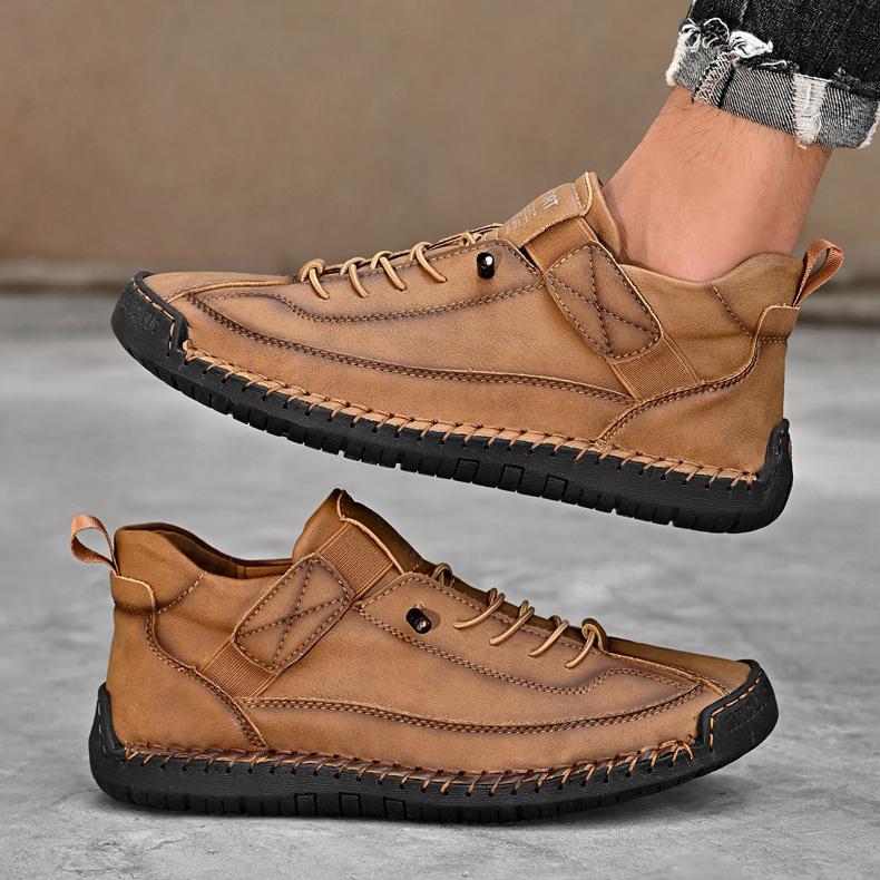 Hand-stitched Leather Shoes for Men Outdoor Light and Non-slip Walking Hiking Shoes Men Big Size 38-48 Slip-On Driving Loafers