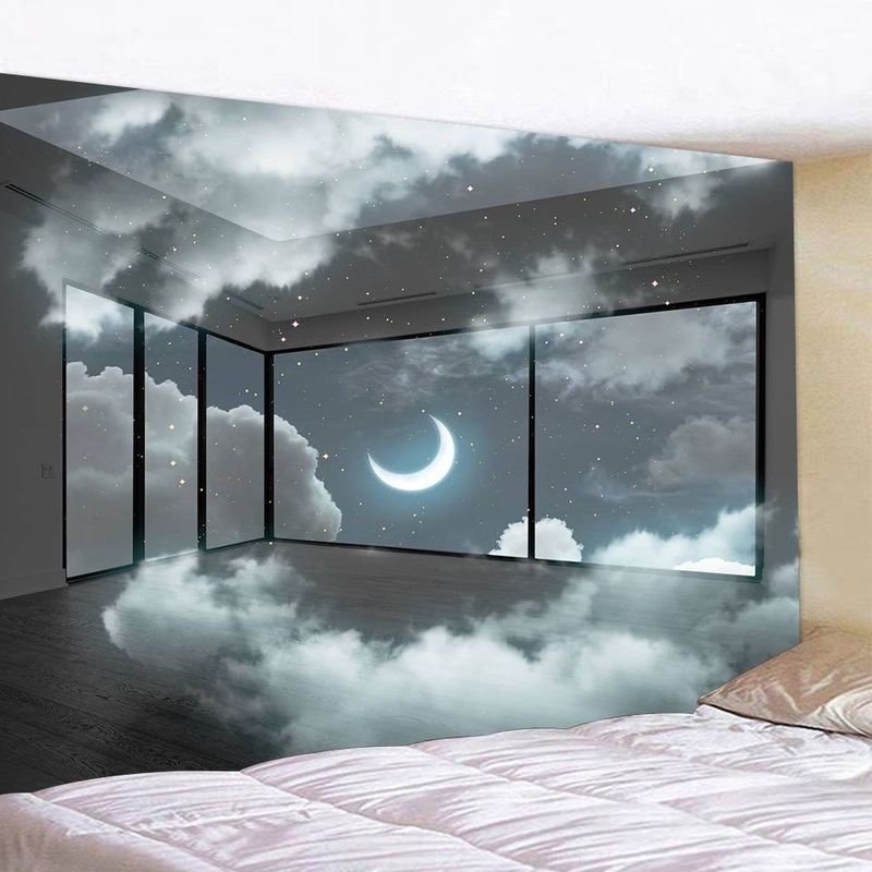 Dreamy Pink Clouds Moon Window Landscape Tapestry Wall Hanging for Bedroom Living Room Decor Starry Sky Clouds Healing