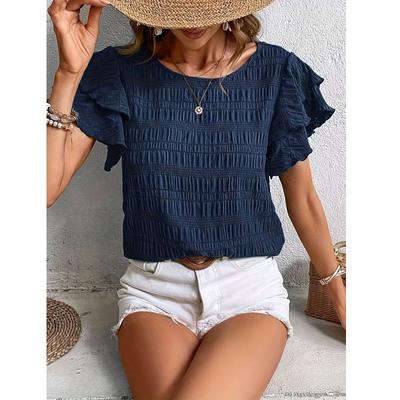 Solid Textured Crew Neck Blouse, Elegant Layered Ruffle Trim Blouse For Spring & Summer, Women's Clothing