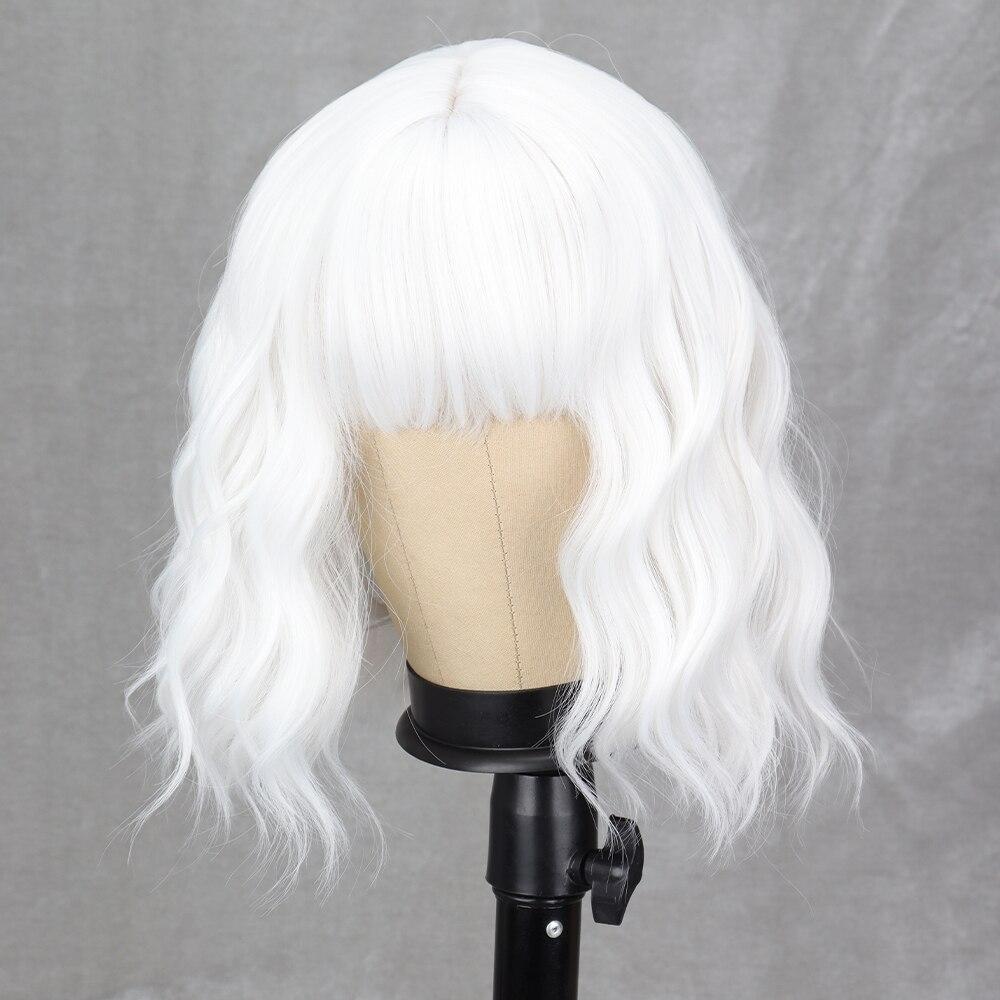 MISS WIG Women Fashion Short Wavy Wig with Bangs Synthetic Fiber Pure White Wavy Wig Cosplay Halloween Party Wear