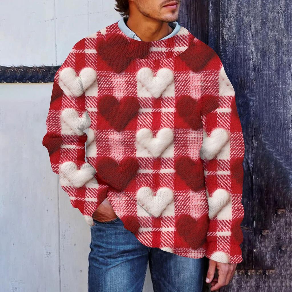 Men's Fashion Casual Long Sleeves Valentine's Day Gentle Printed Crewneck Wool Knitted Flower Imitation Sweater Crewneck Hoodie Loose Long Sleeves