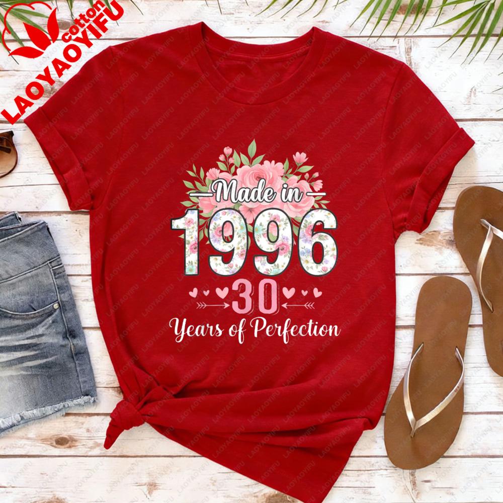 Made in 1996 30th Birthday Women TShirt Floral Design Cotton Short Sleeve Casual Summer Top Gift for Her Fashion Tee