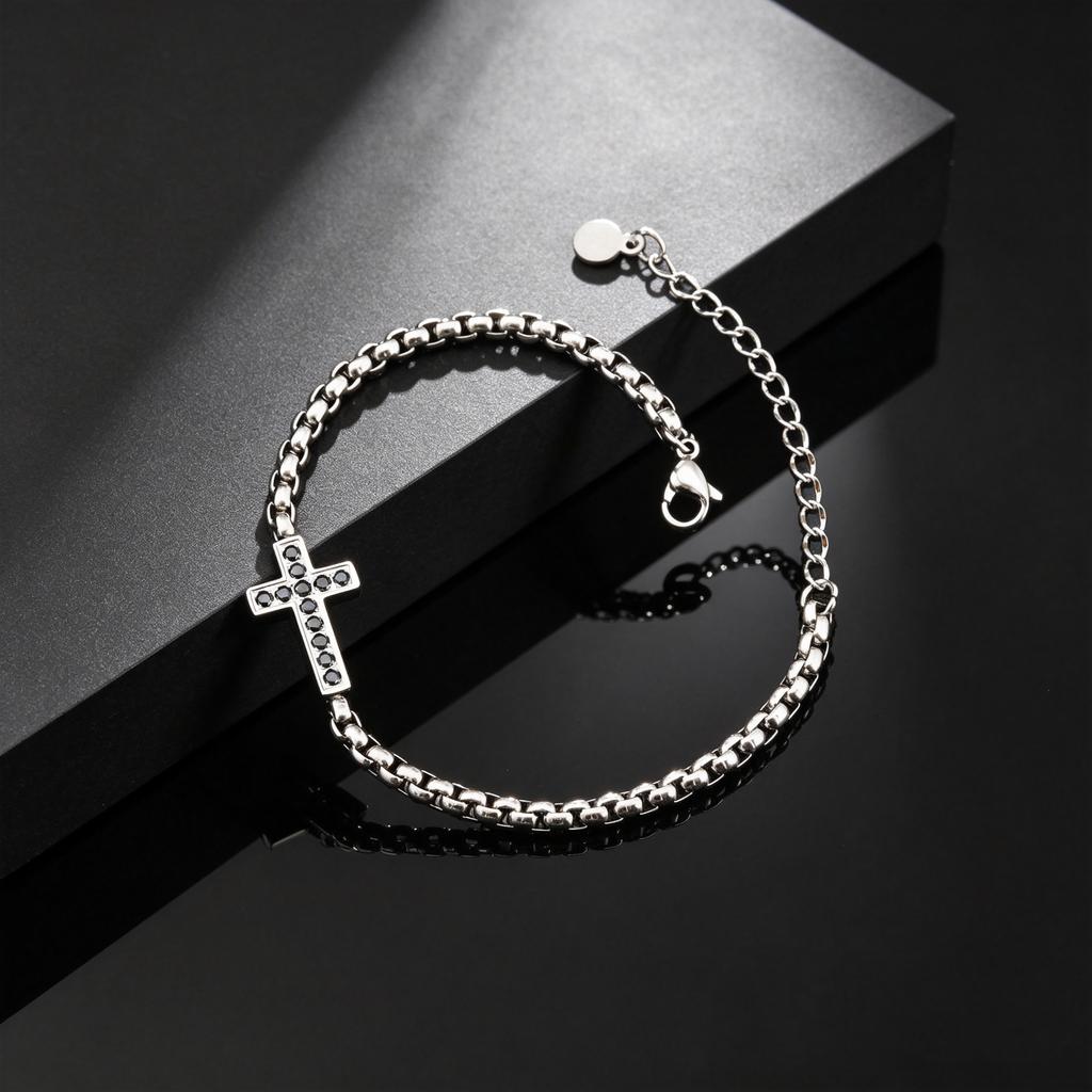 Classic Zircon Cross Bracelets for Men, Stainless Steel Chain Wristband, Stylish Religious Jewelry Gift for Dad Father Husband