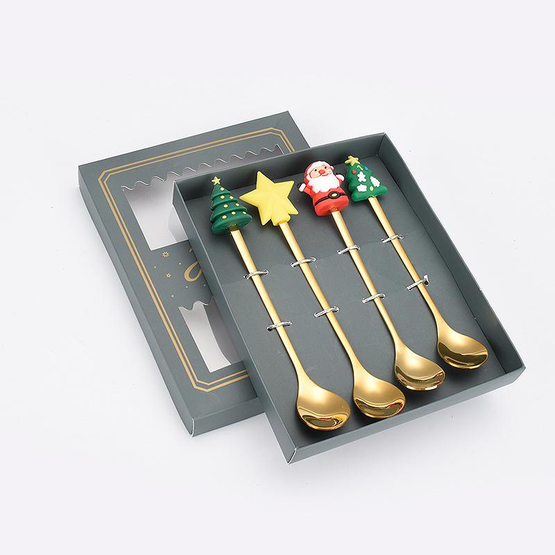 4PCS Christmas Coffee Spoons Christmas Stainless Steel Small Spoon Teaspoons Dessert Spoon New Year Christmas Ornament Tableware