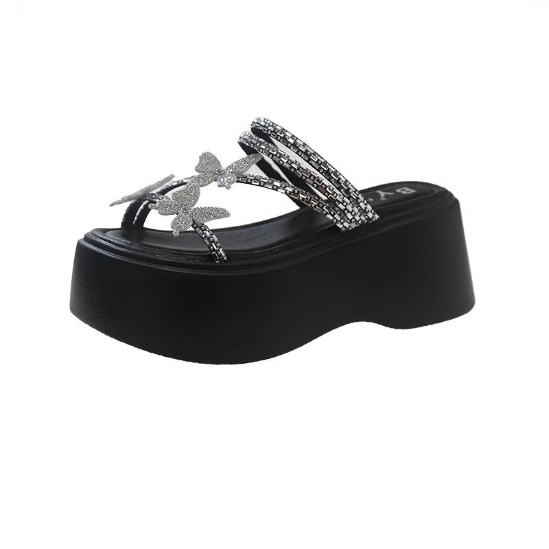 Daily versatile design sense muffin thick-bottomed rhinestone slippers summer new butterfly slippers