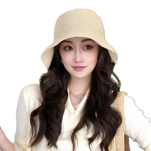Cappello da Donna a Secchiello Estivo Vuoto Sottile Traspirante Cappello da Sole Femminile Cappello Panama da Spiaggia Pieghevole Outdoor Giapponese Lesure Cappello da Pescatore