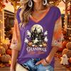 Women's V-Neck Casual Halloween Print Three-Quarter Sleeve Top for Fall Festive Occasions