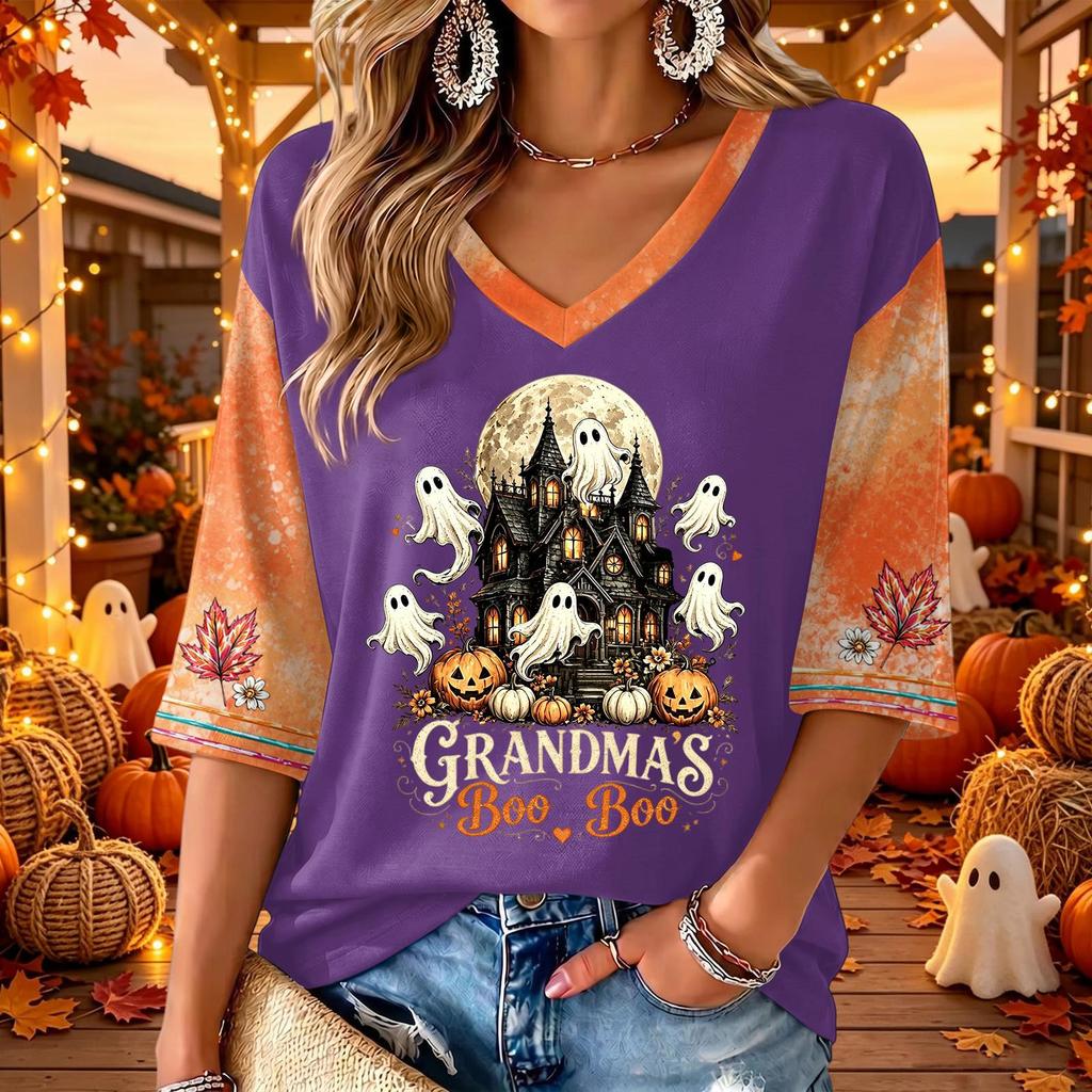 Women's V-Neck Casual Halloween Print Three-Quarter Sleeve Top for Fall Festive Occasions
