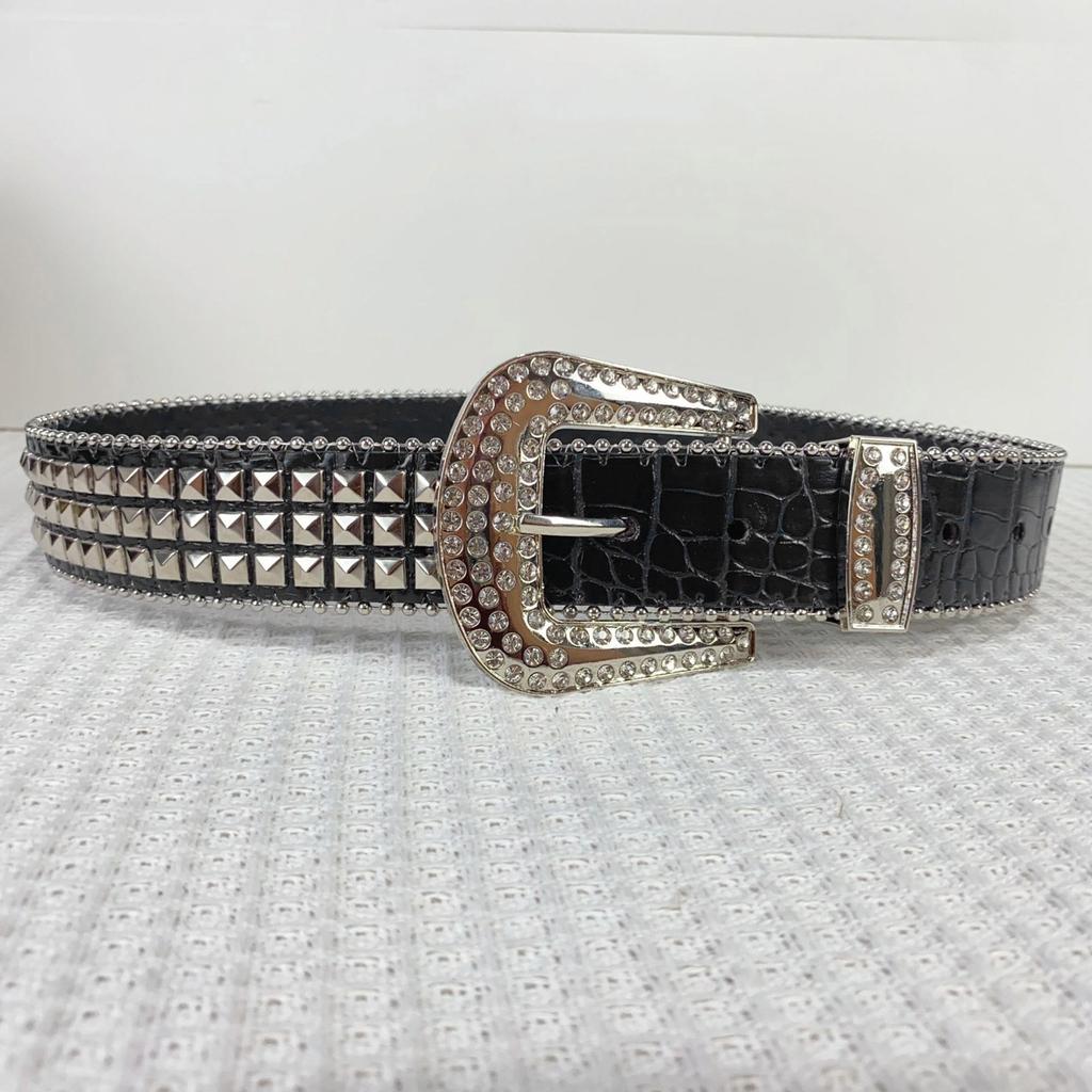 Rivet Waist Belt with Diamond Pin Buckle for Adult Personality PU Waist Belts for Women Coat Dress Adjustable Length