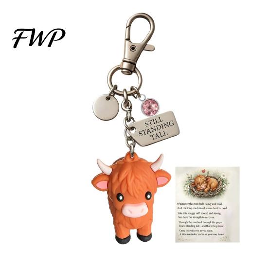 Metal Keychain A Little Highland Cow for You Keychain, 3D Resin Keyring with Birthstone Charm & Sentiment Card, Your Daily Reminder of Quiet Strength