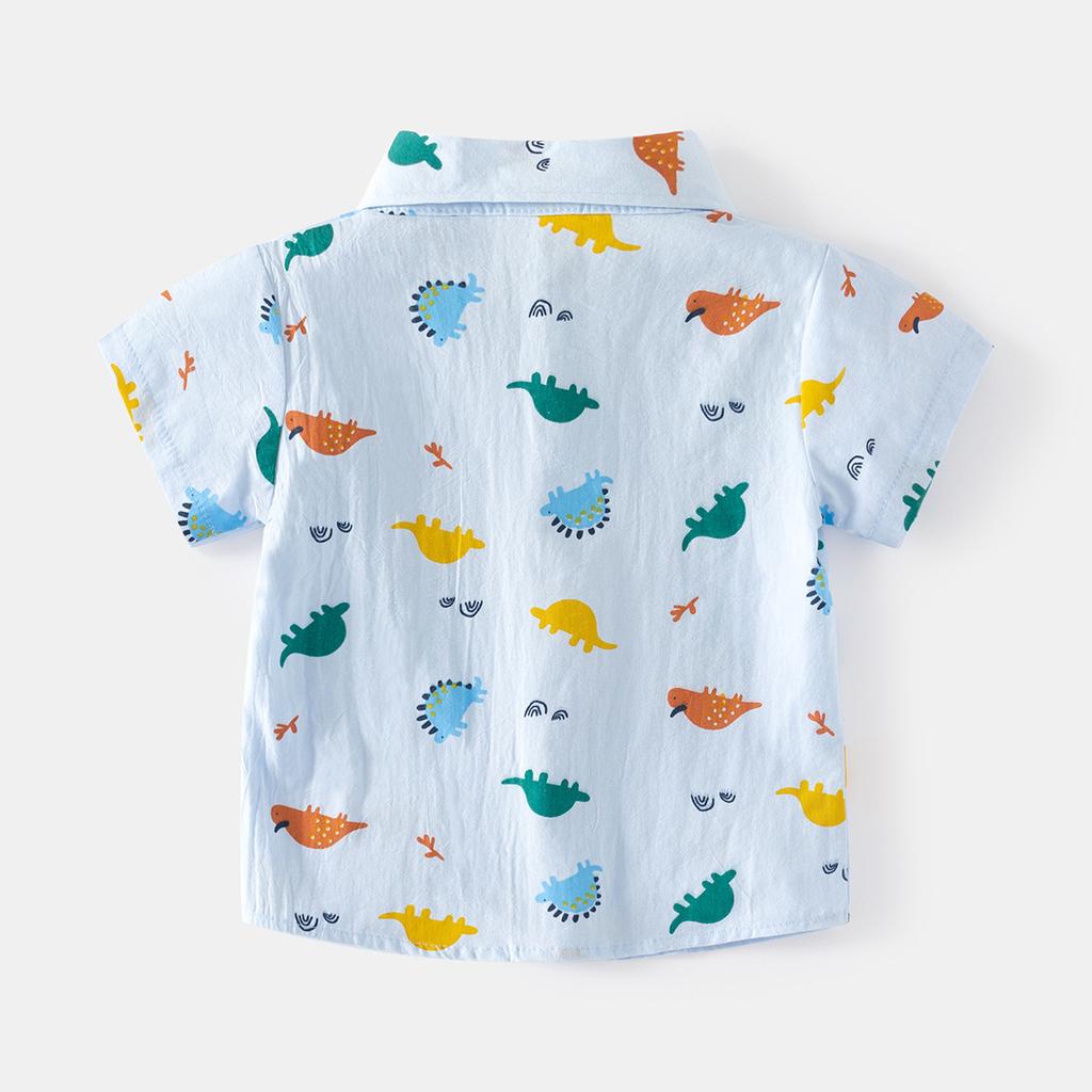 Boys Cartoon Print Shirt Short Sleeve Cotton Button Down Collared Top Moisture Wicking Casual Summer Clothing for Toddler and Kids