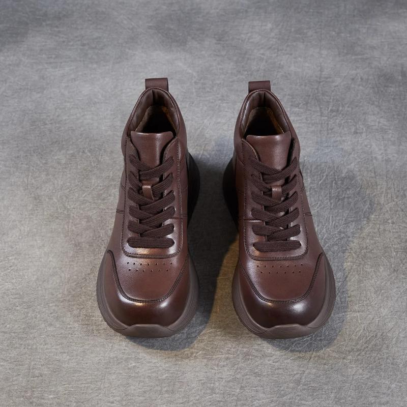 Johnature Lace Up Genuine Leather Short Boots Thick Soled Leisure Soft Soled Wedge Heels Women's Shoes