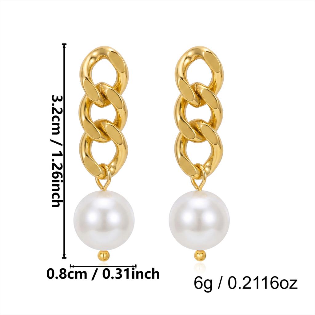 Classic French Style Imitation Pearl Drop Earrings for Women Vintage Gold Color Cuban Chain Stainless Steel Daily Wear Jewelry