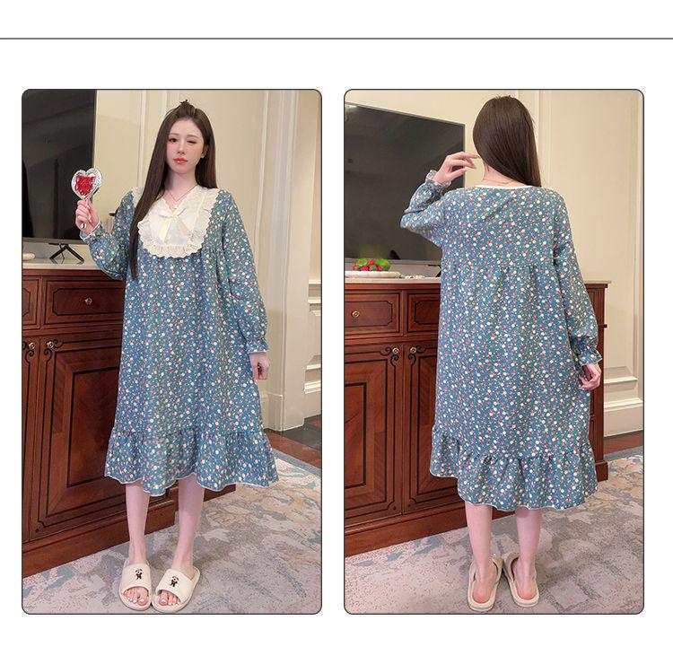 Retro-Blumen-Baumwoll-Nachthemd mit langen Ärmeln & Brustpolstern, Übergröße 220 Jin - Bequem für Frühling & Herbst