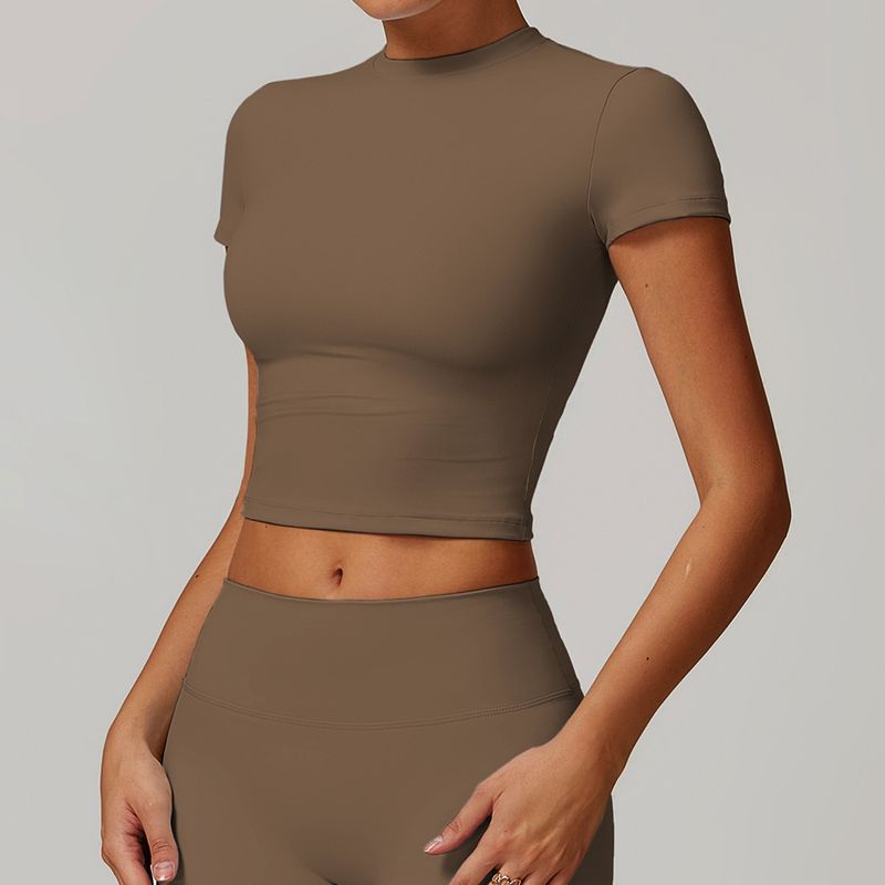 

Guangzhou Zechuang Clothing Co., Ltd. Tight Brushed Yoga Shirt Silm Easiest for Match Outdoor Sports Short Sleeve Female Health Mocha Brown L