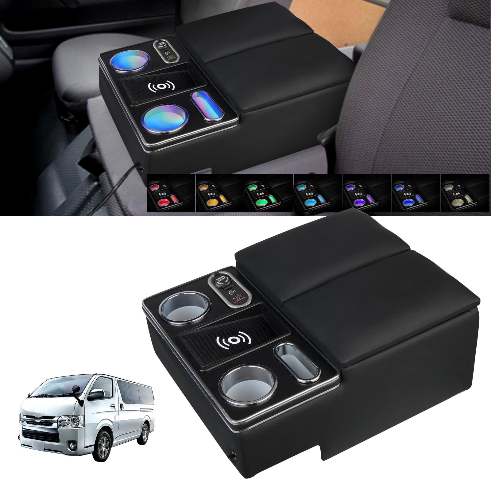 POWER PANDA Toyota Hiace 200 Series Van DX Regius Ace 200 Series Van DX Console Box with Breathing Changing LED Ambient Drink Cup Compatible with