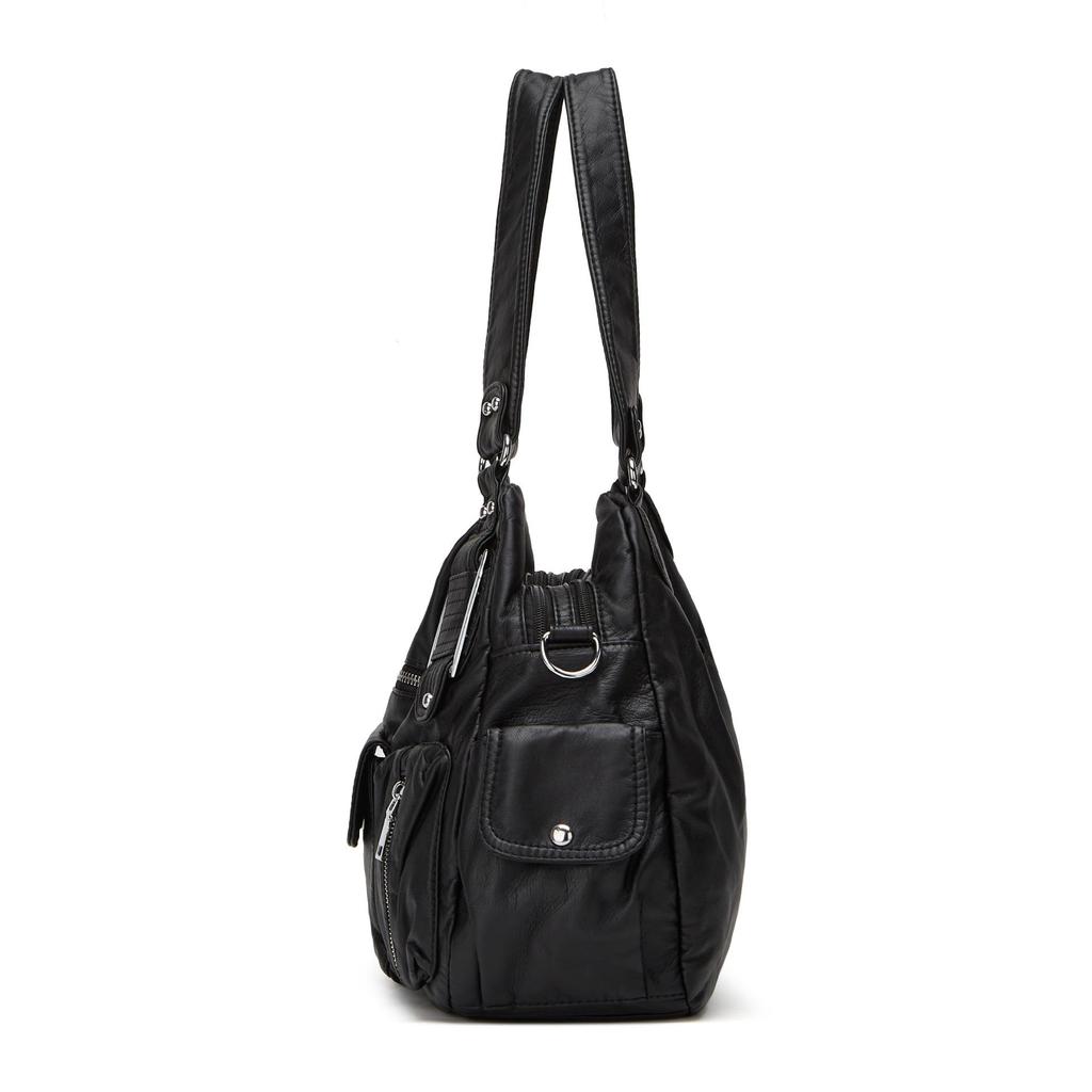 Ladies' Fashionable Retro Lychee Patterned Tote Bag, Large Capacity Washed Multi Pocket Shoulder Bag