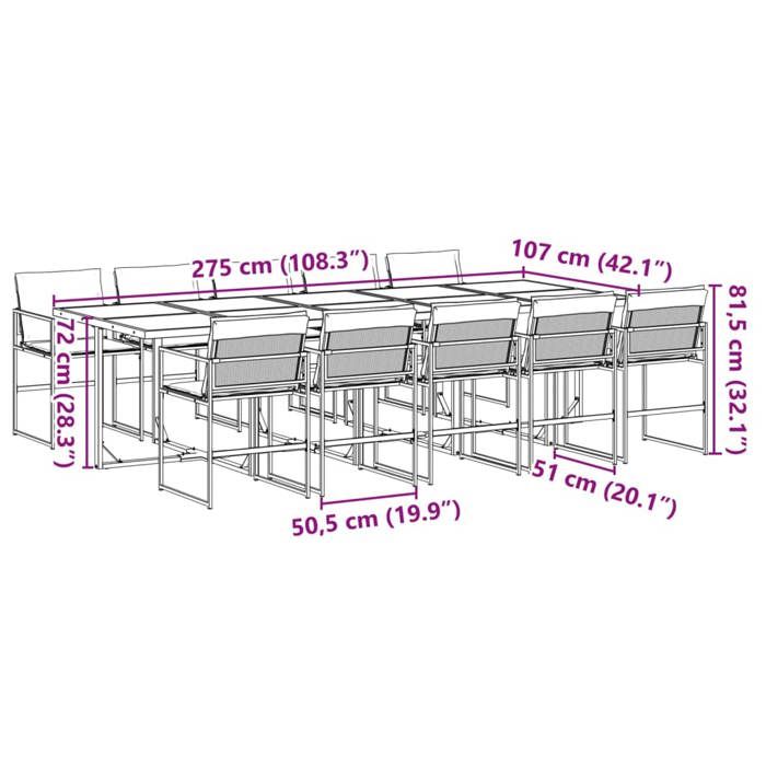 VidaXL Ensemble à manger de jardin avec coussins 11 pcs noir textilène, ensemble à manger d'extérieur, meuble à manger 3295076