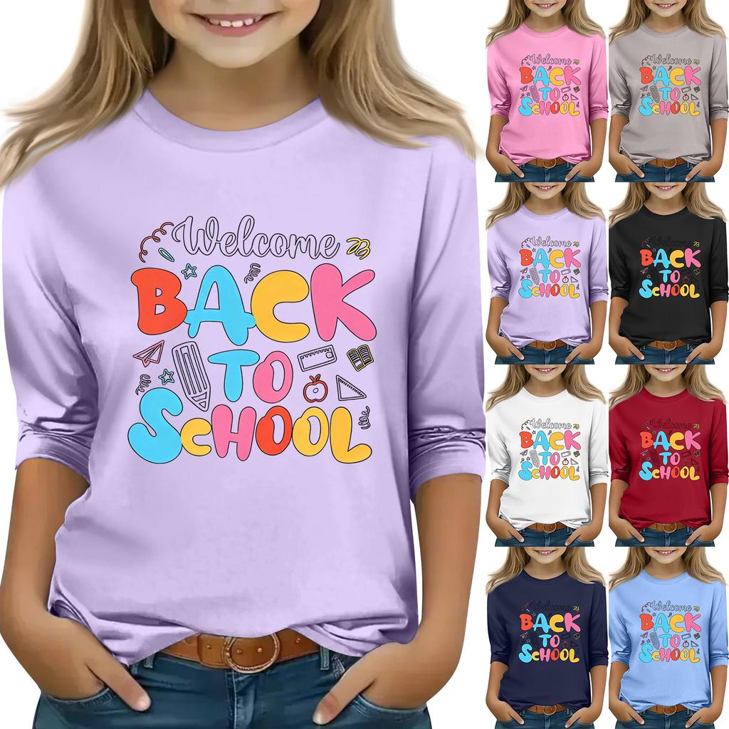 Kids Casual Printed Round Neck 3/4 Sleeve Top for Back To School