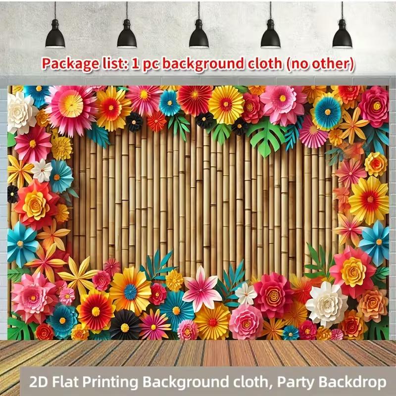 

2D Luau Party Backdrop, Tropical Bamboo Wall with Multicolor Paper Flowers Background Cloth 47.2x31.5inch/120*80cm