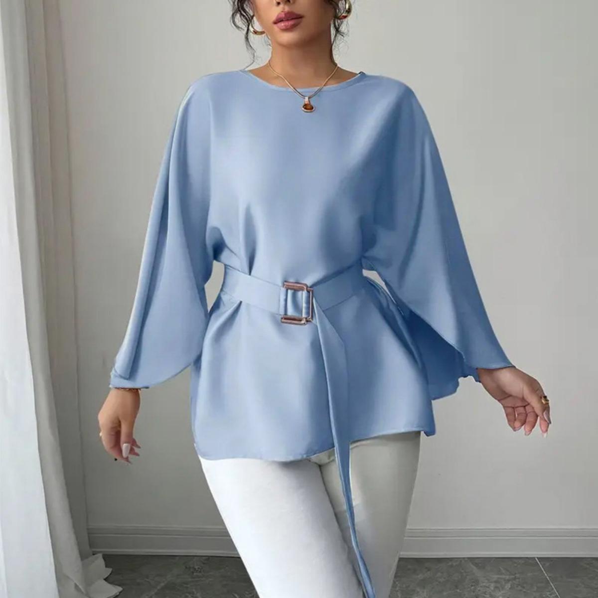 Fall New Women s Elegant Solid Color Shirt Flared Mid-sleeve Blouse, Casual Tops for Women European American Style Crossborder S
